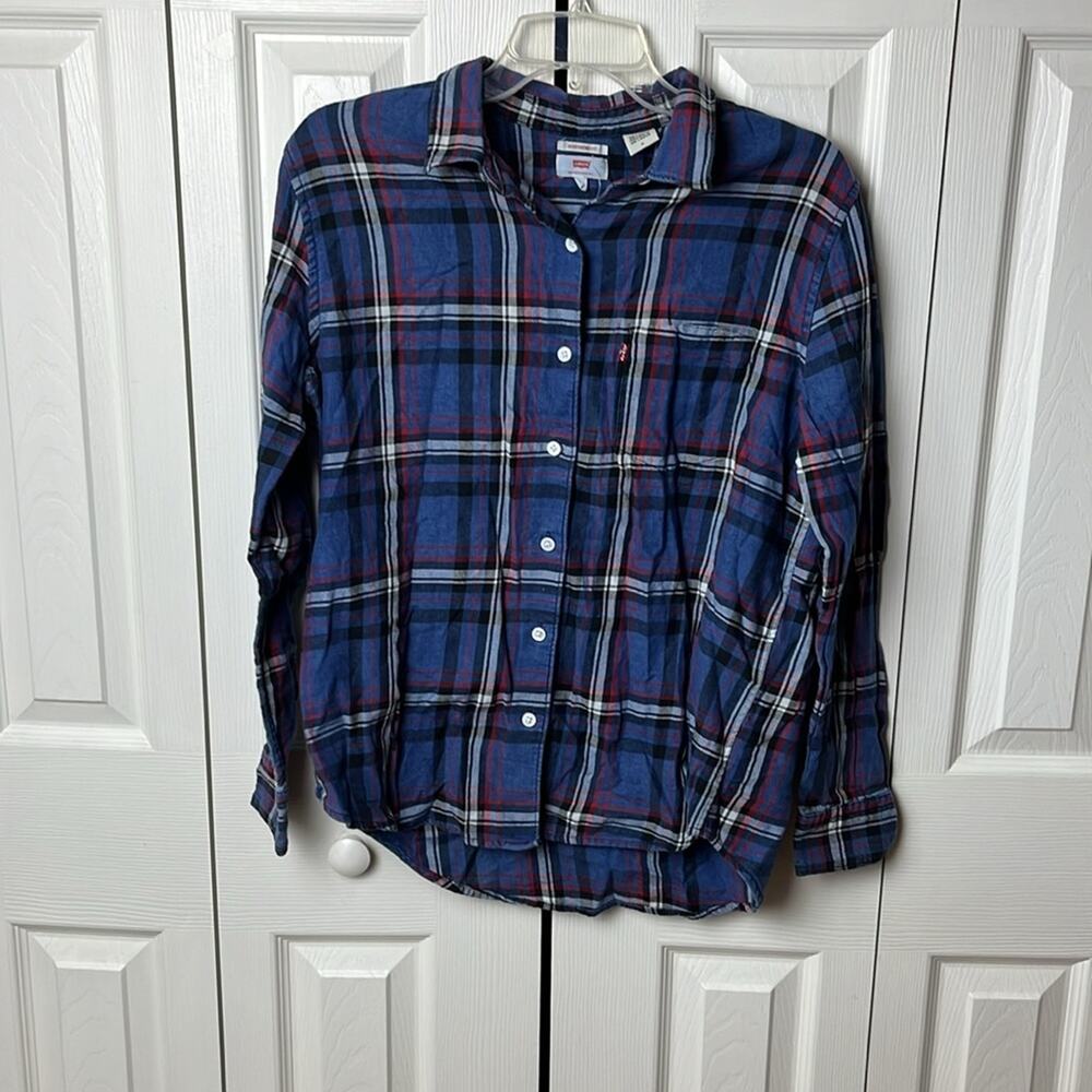 Levi’s Button Down Plaid Boyfriend Fit Long Sleeve Top Blue Red Medium